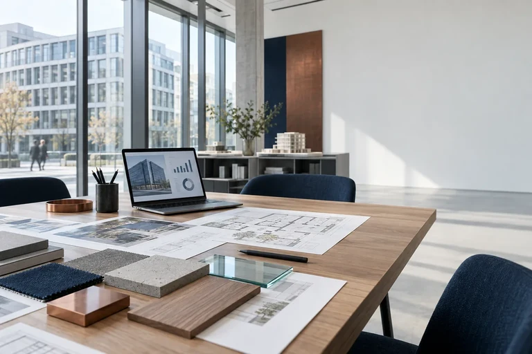 KI-generiertes Symbolbild: Besprechungstisch mit Grundrissen, Materialmustern aus Holz, Beton, Glas und Kupfer und einem Laptop mit Diagrammen, Blick auf ein Bürogebäude