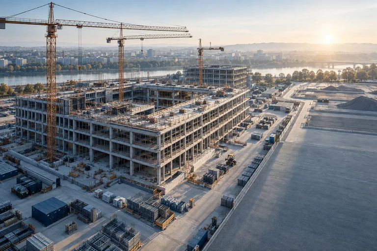 KI-generiertes Symbolbild: Großbaustelle eines Bürogebäudes von oben mit Kränen, Rohbau und geordneten Lagerflächen im Morgenlicht