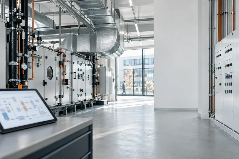 KI-generiertes Symbolbild: Technikzentrale mit Lüftungsanlage, Rohrleitungen und Schaltschränken, im Vordergrund ein Tablet mit Anlagenschema