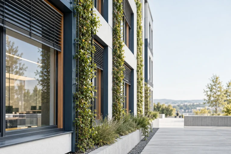 KI-generiertes Symbolbild: sanierte Bürofassade mit Holz-Aluminium-Fenstern, außenliegendem Sonnenschutz und begrünten Fassadenelementen