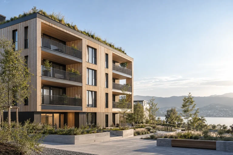 KI-generiertes Symbolbild: Mehrfamilienhaus mit Holzfassade, Balkonen und Gründach, davor ein Platz mit Bäumen